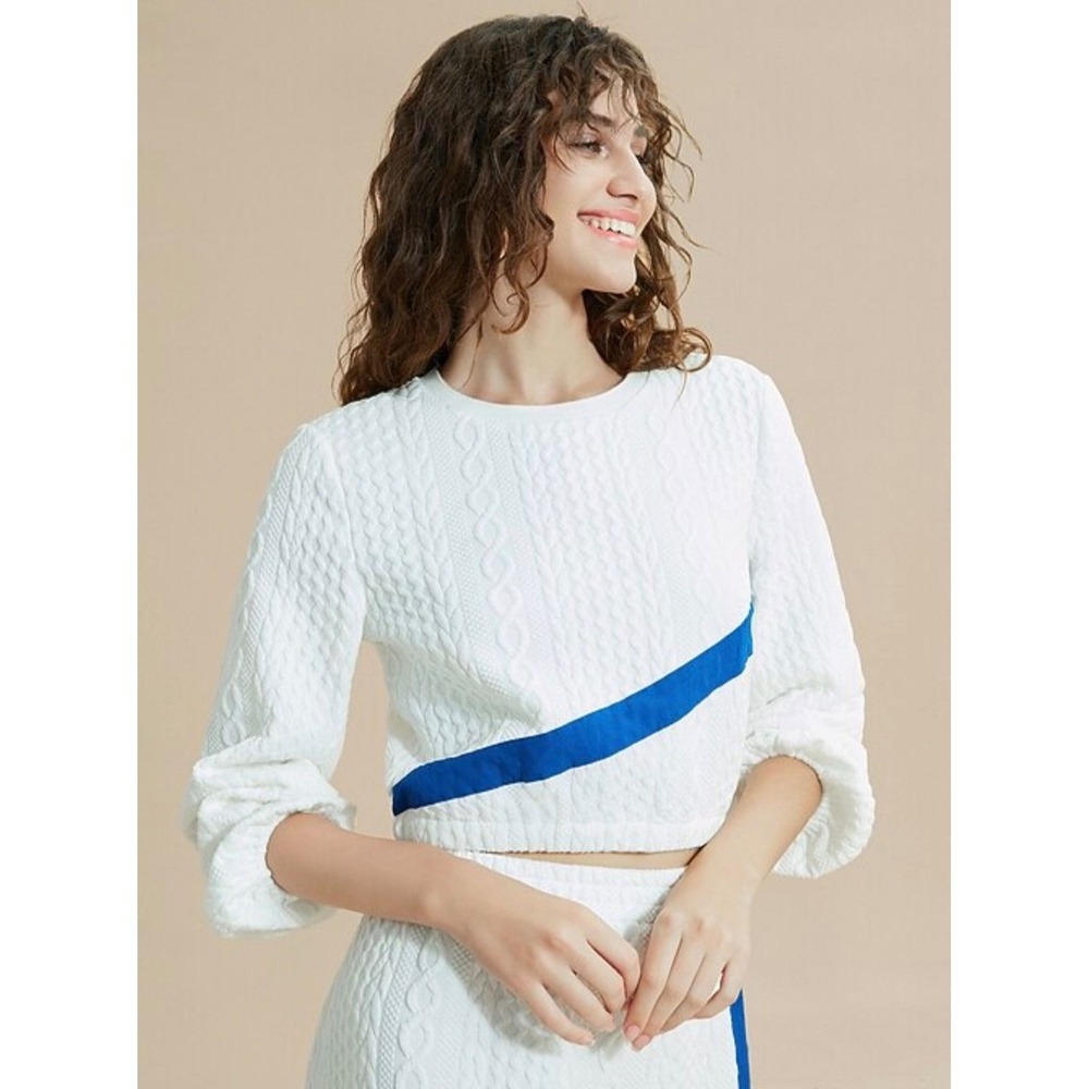 Ador White Cable Knit 2 Piece‎ Maxi Skirt Set Blue Stripe Side Zip Large NWT - Picture 2 of 6